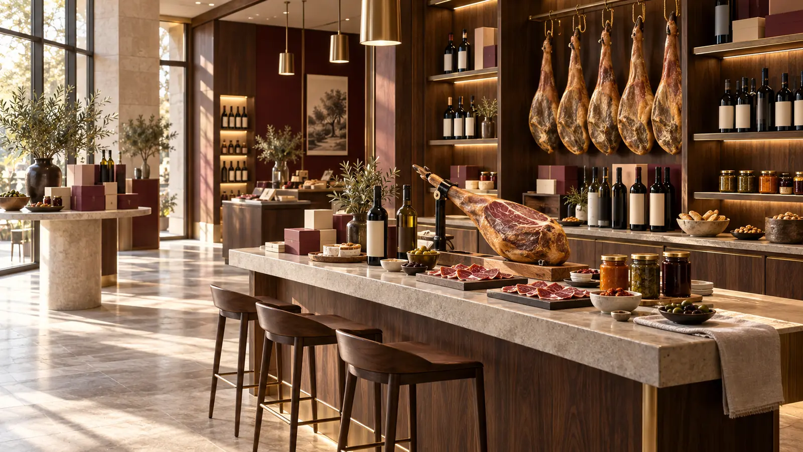 Experiencia editorial de una boutique gourmet premium con productos ibéricos y materiales cálidos