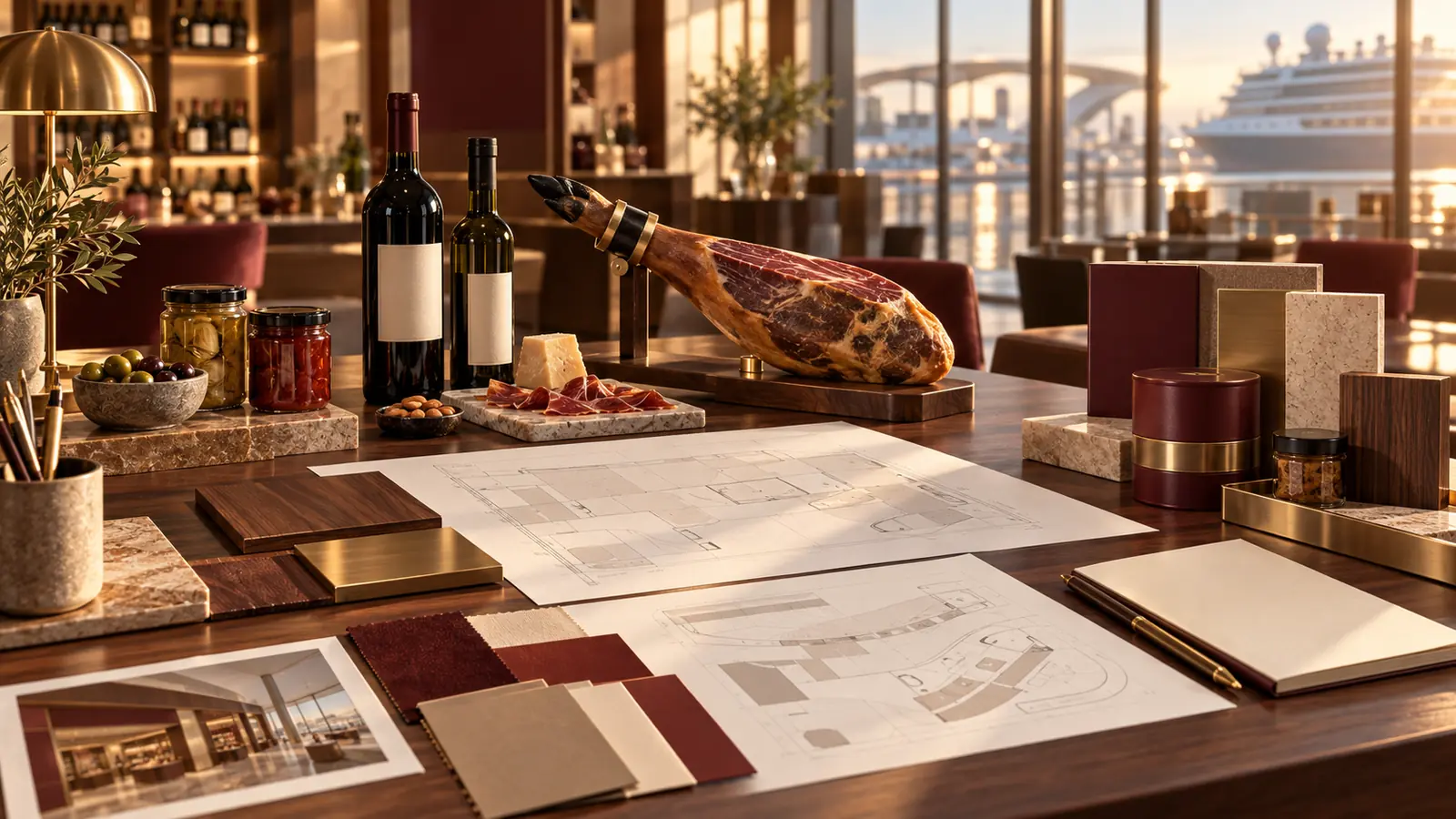 Mesa de trabajo con planos conceptuales, materiales y muestras de color para una expansión de retail gourmet