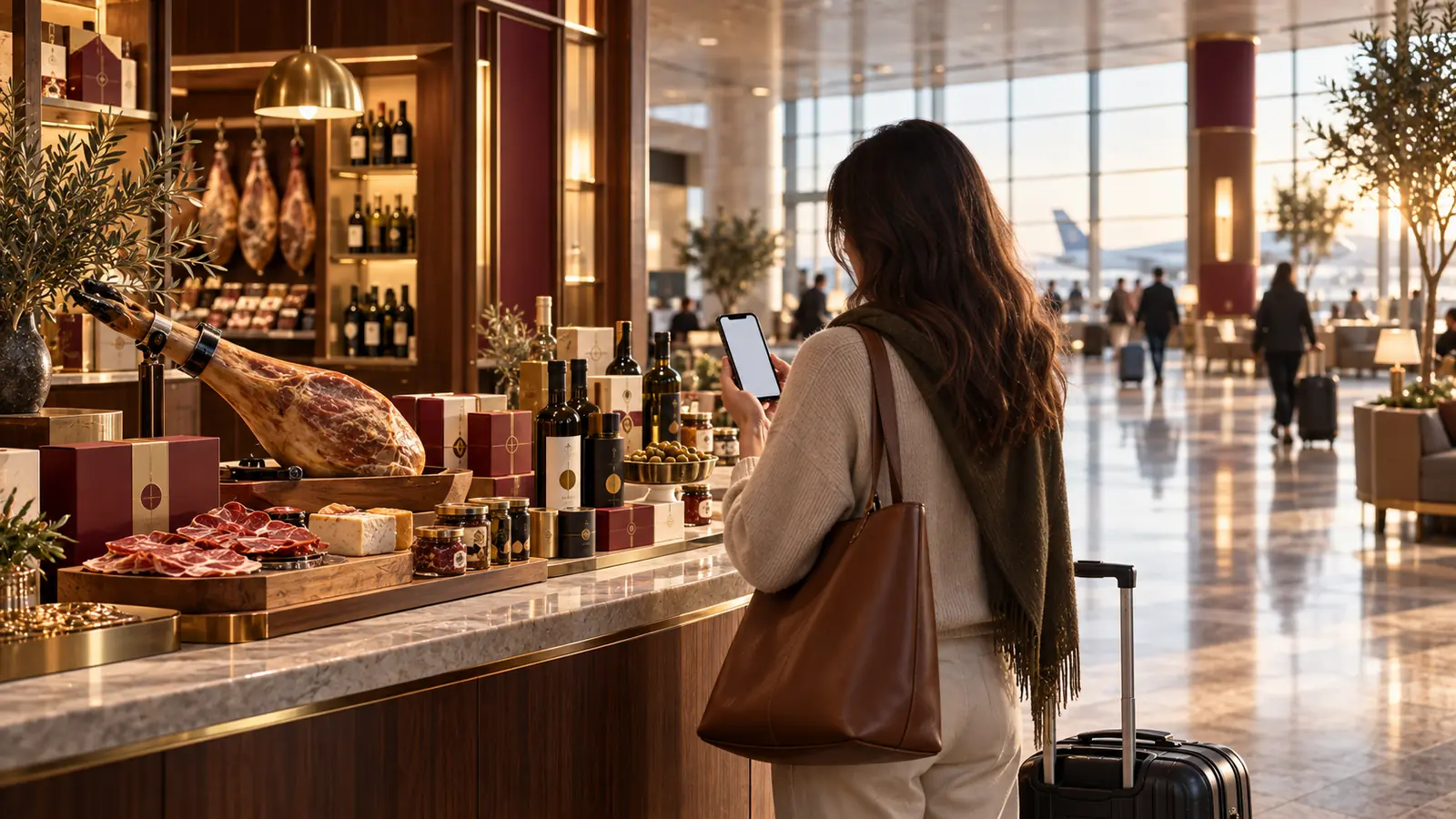 Viajera consultando su móvil junto a una boutique gourmet en una terminal luminosa