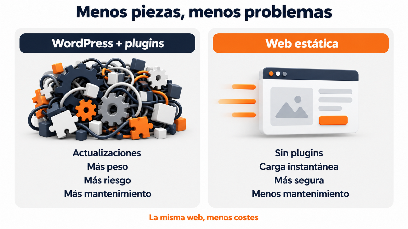 Comparativa entre una web WordPress con plugins y una web estática con menos piezas